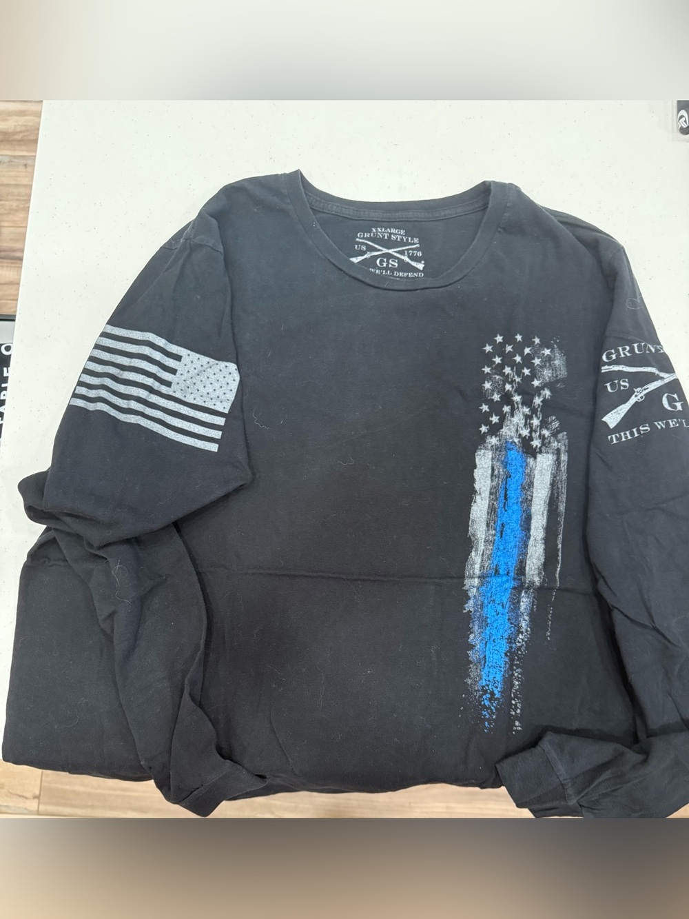 Grunt Style Black and Blue Thin Line Flag Long Sleeve
